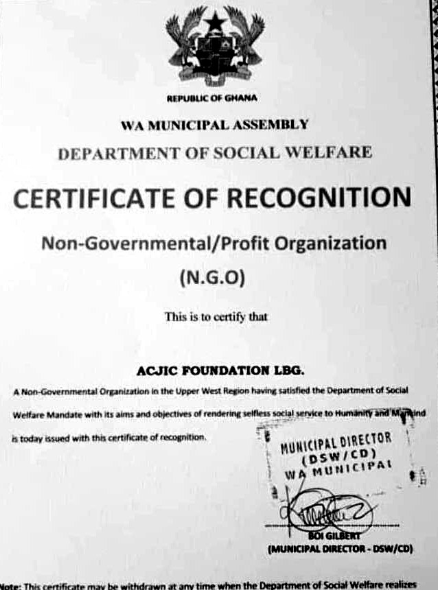 ACJIC Foundation Department of Social Welfare recognition certificate